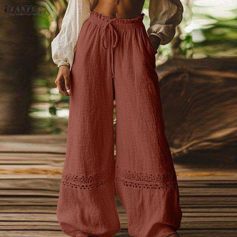 ZANZEA Women Lace Splice Loose Casual Long Pants