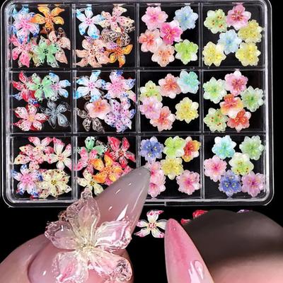 12 Grilles Couleurs Mélangées Charms Ongles Fleurs Cristal de Glace Sculptées 3D Résine Strass Fleurs Lys 3D pour Décoration Manucure de Luxe