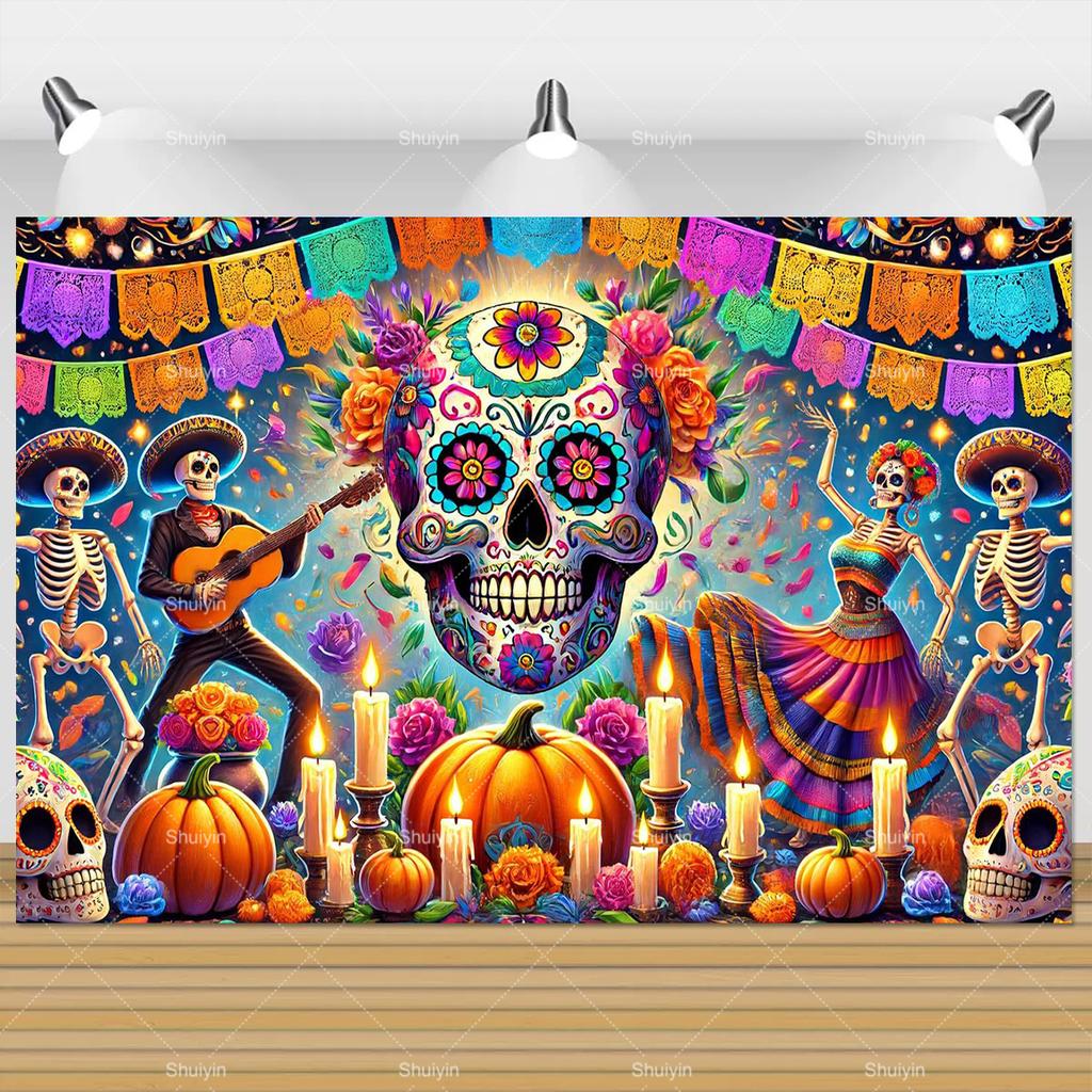Tło Fotograficzne Dzień Zmarłych Czaszka Nagietek Meksykańska Fiesta Día De Los Muertos Dekoracja Artykuły Imprezowe Akcesoria do Studio Fotograficznego