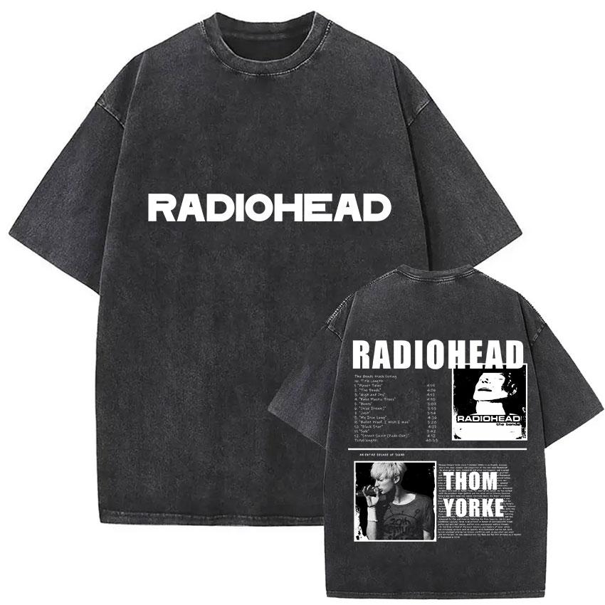 Vintage Washed Radiohead Tour  Print T Shirts Men Women Hip Hop Loose Pop British Rock Short Sleeve Tshirt Punk Streetwear