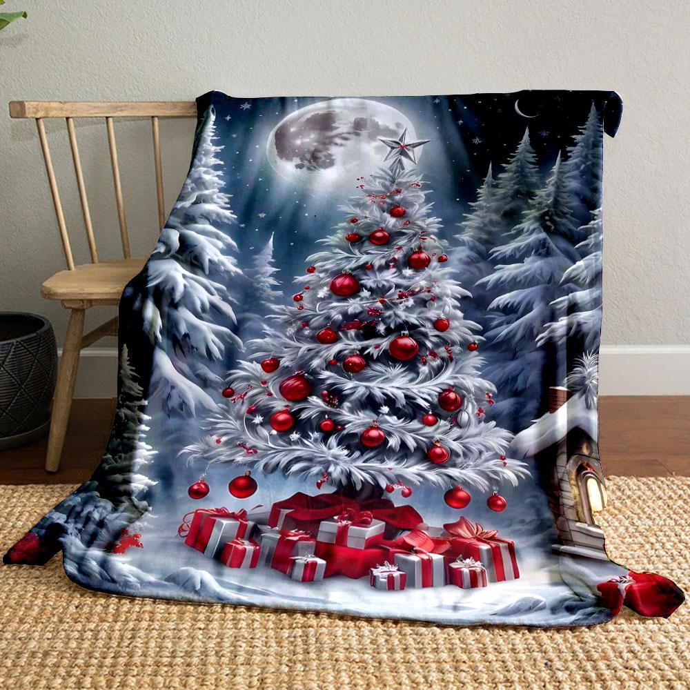 Christmas Tree Moon Snowflake Print Blanket Bedroom Blanket for Livingroom Couch Lunch Break Soft Throw for Friend's Festival Gift