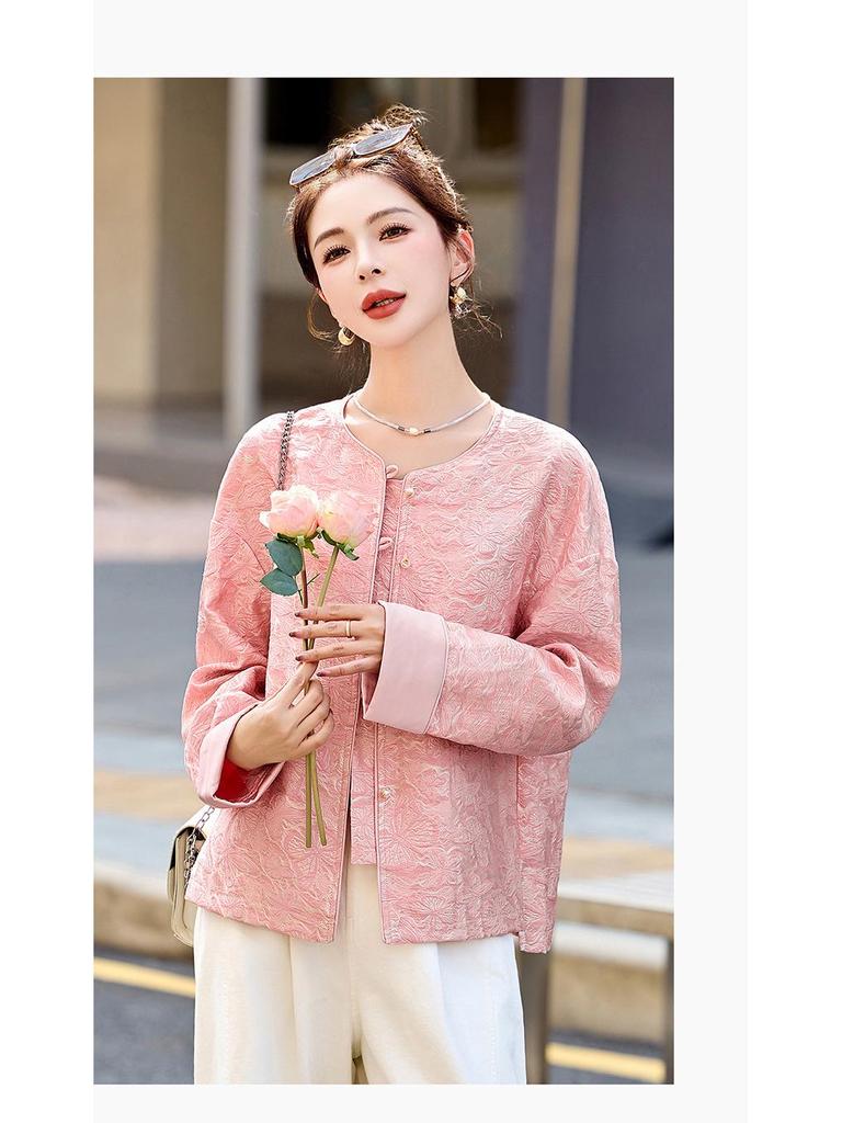 Spring 2025 Women's Chinese-Style Jacquard Round Neck Single-Breasted Short Jacket YB8863