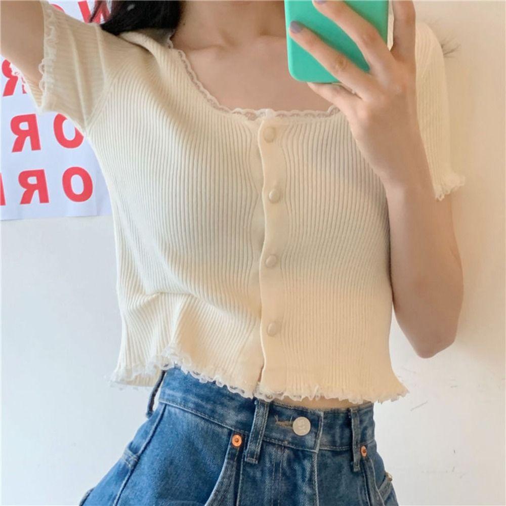 Korean Style Summer Spring Lace T-shirt Button Crop Top Slim Fit Knitted Cardigans