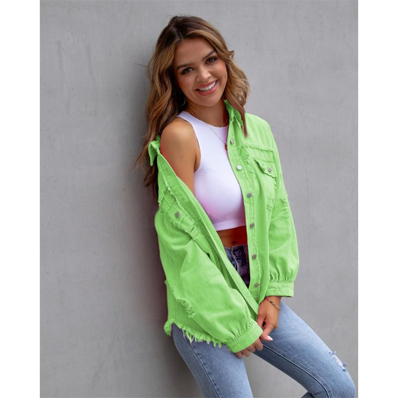 Holes Raw-edges Denim Jacket Women Spring Autumn Shirt Style Jeancoat Casual Top Rose-Red Orange Purple Outerwear Lady Coat