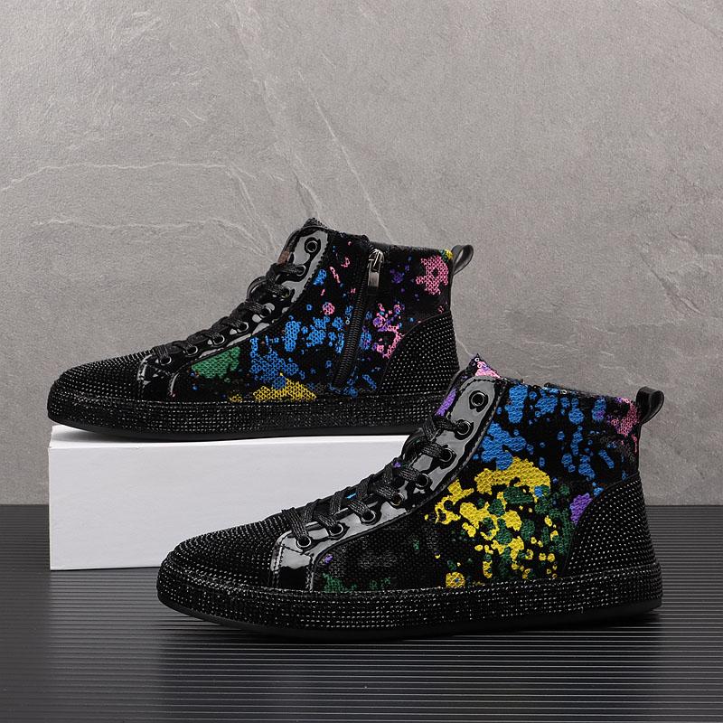 New Luxury Designer Men High Tops Rhinestone Platform Shoes Causal Flats Moccasins Rock Punk Walking Sneakers Tenis Masculino