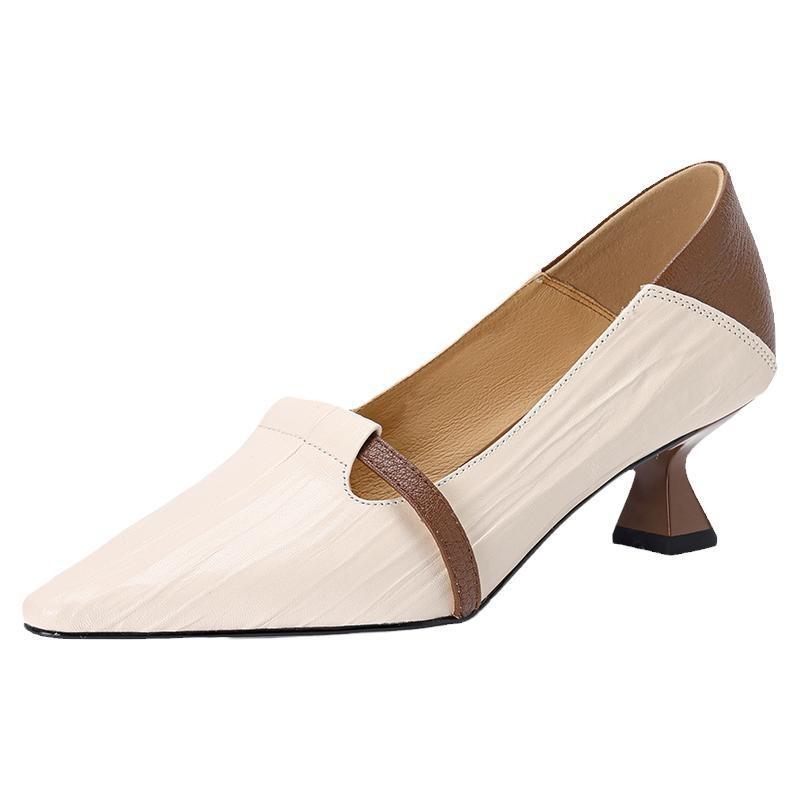 Encounter~ Temperament Pointed Head Color Matching One-pedal Single Shoes Women's Light Mouth Retro Cat Heel High Heels