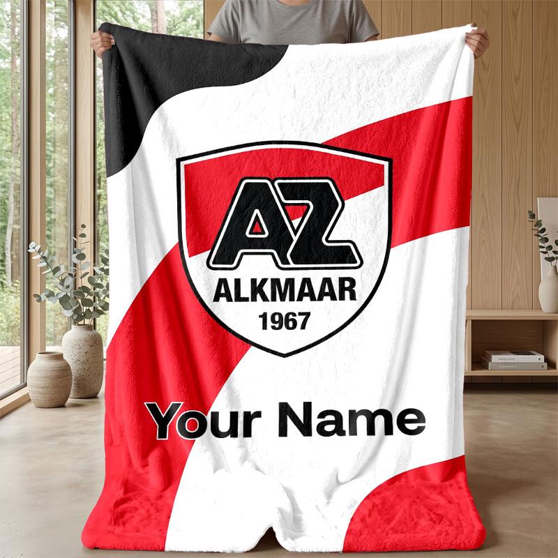 Couverture en Flanelle Personnalisée avec Nom et Texte AZ Alkmaar Logo de Football Couverture Polaire Personnalisée Cadeau Spécial pour Canapé Chambre Maison
