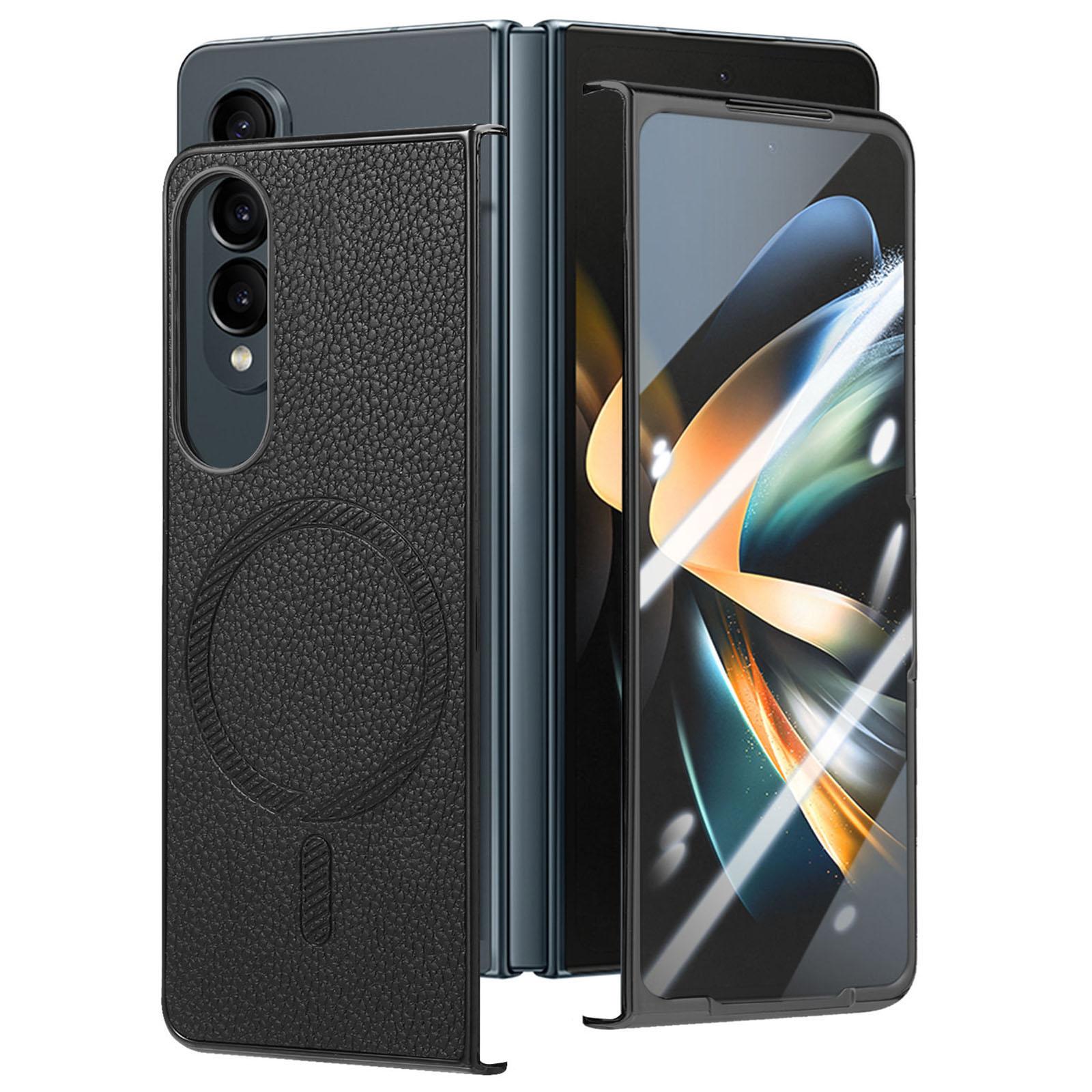 

For Samsung Galaxy Z Fold4 5G Magnetic Case Leather+TPU Phone Cover with Screen Film Black