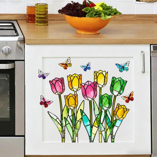 Colorful Spring Floral Window Cling Double-Sided Static Glass Sticker Stained Glass Effect Flowers Butterflies Window Decal for Kitchen Bedroom