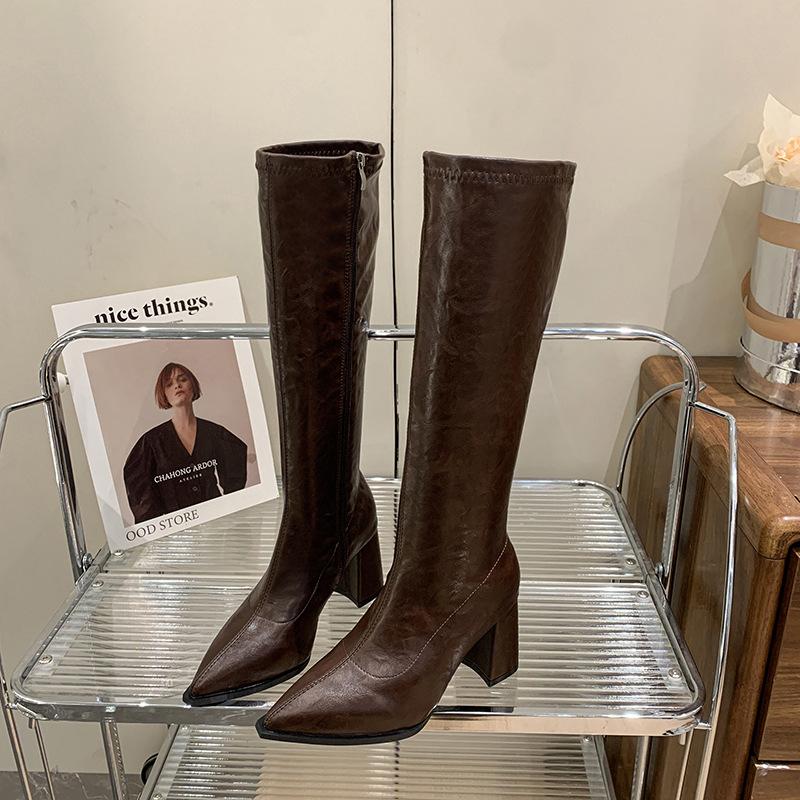 

2025 осень и зима новые сапоги женские до колена с острым носом на толстом высоком каблуке сапожки маленького рыцаря 42 коричневый