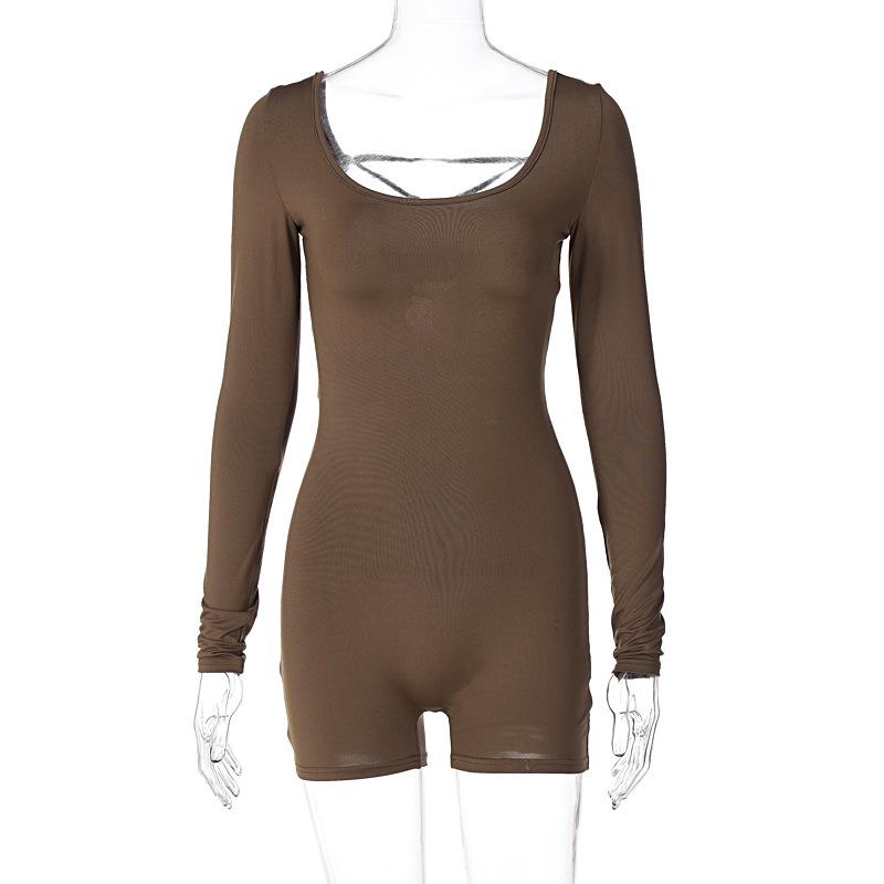 

2025 Summer Women s European & American Style Long-Sleeve U-Neck Tie-Up Backless High-Waisted Hip-Lift Sports Yoga Jumpsuit Medium коричневий