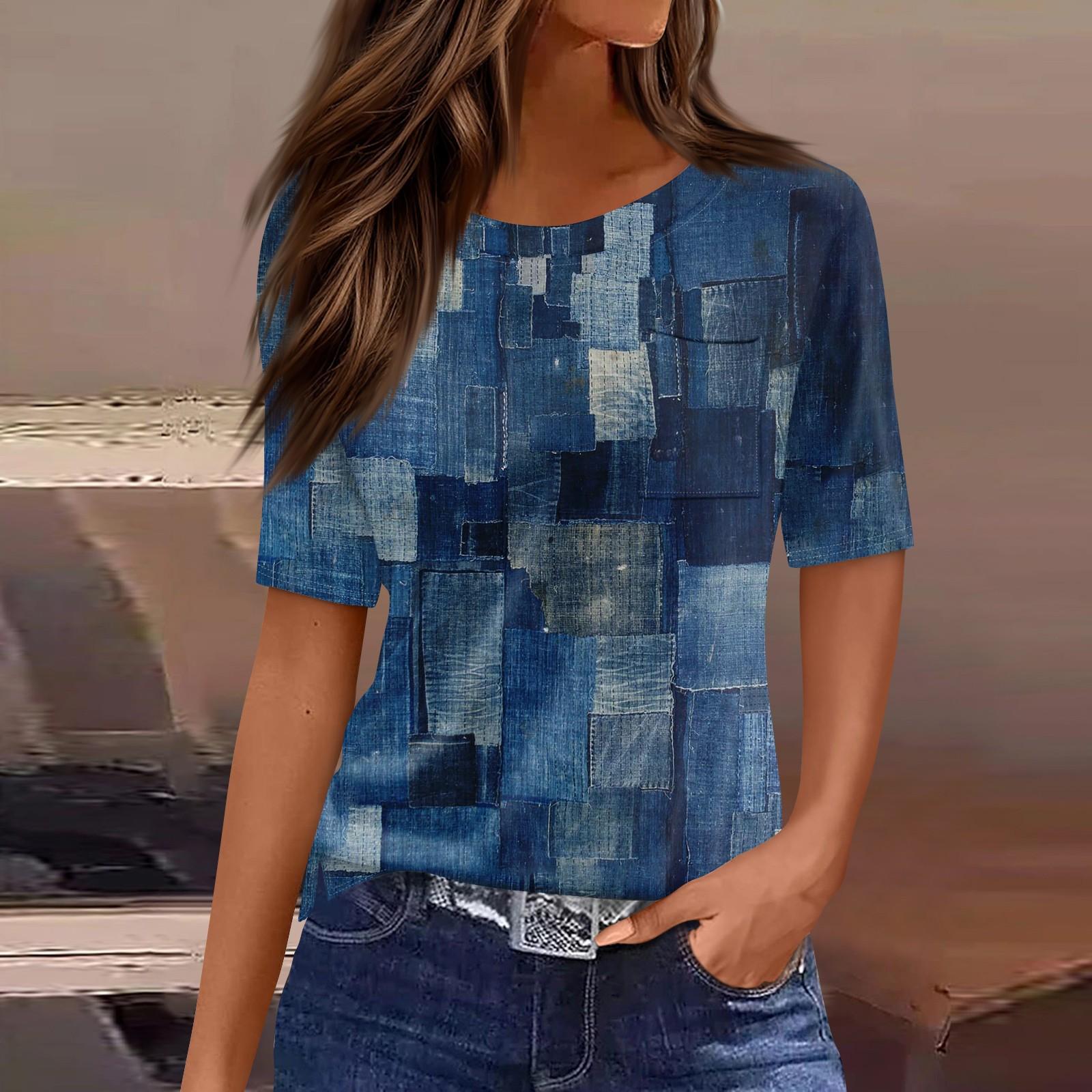 

Футболки для женщин, плиссированные, с круглым вырезом, нарядные, повседневные, блузки с принтом, с коротким рукавом, летние топы, свободный крой XXXL синий