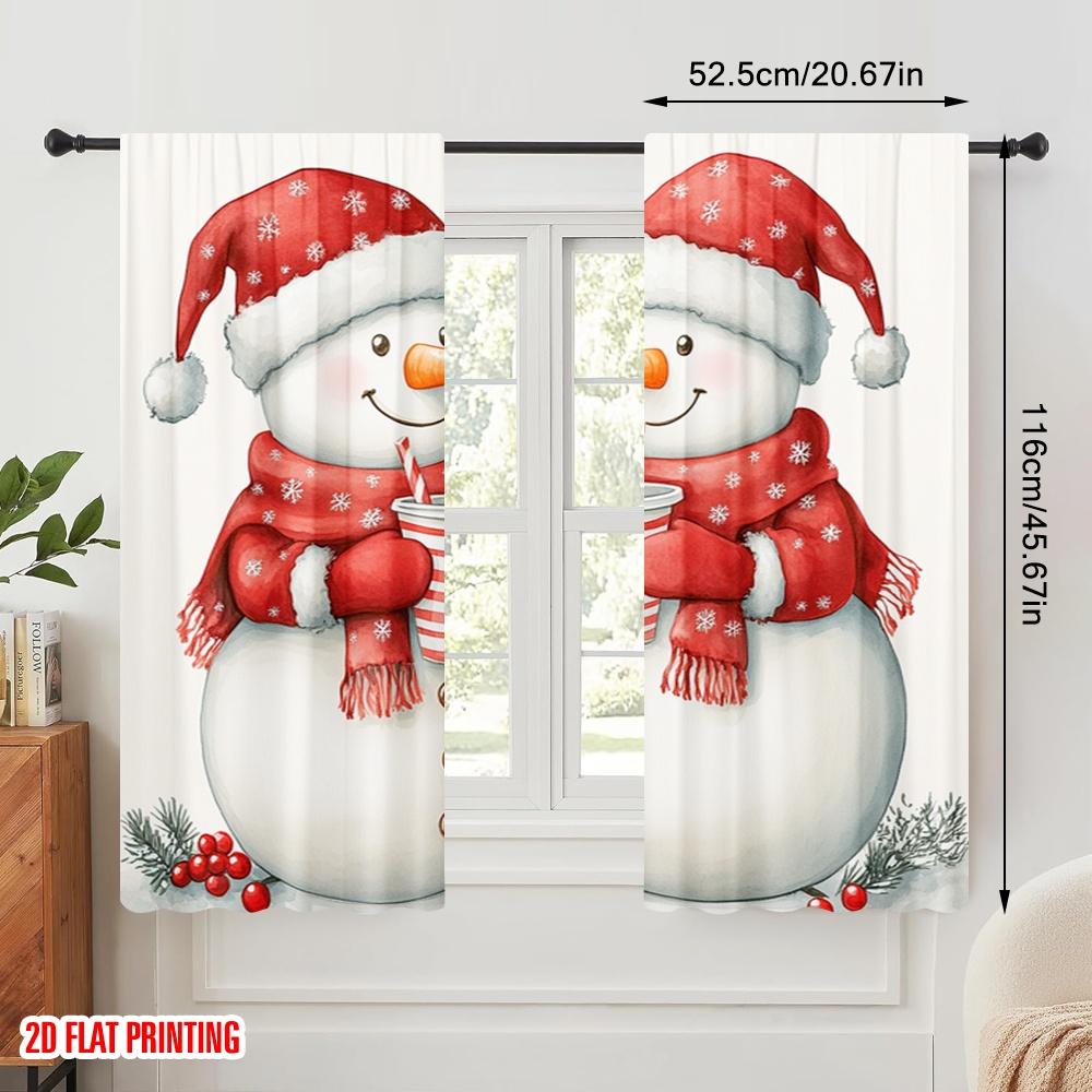 2pcs,2D Plane Printing Creative Curtains Cute Snowman Christmas Winter (2) Durable 100% Polyester Fabric (without Rod) Room