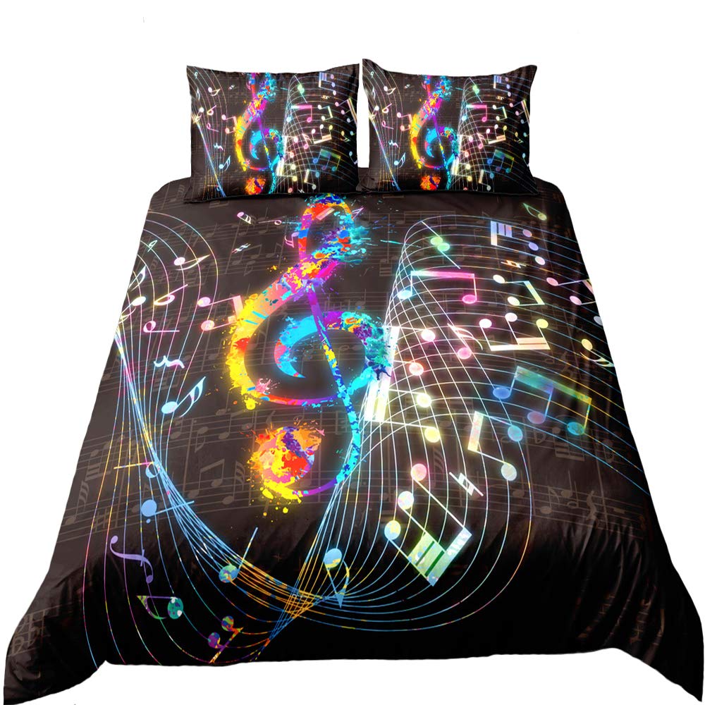 Musical Note Bedding Set Queen,Black White Comforter Cover Girls,Kids Piano Duvet Cover Set Music Theme Bedspread Cover