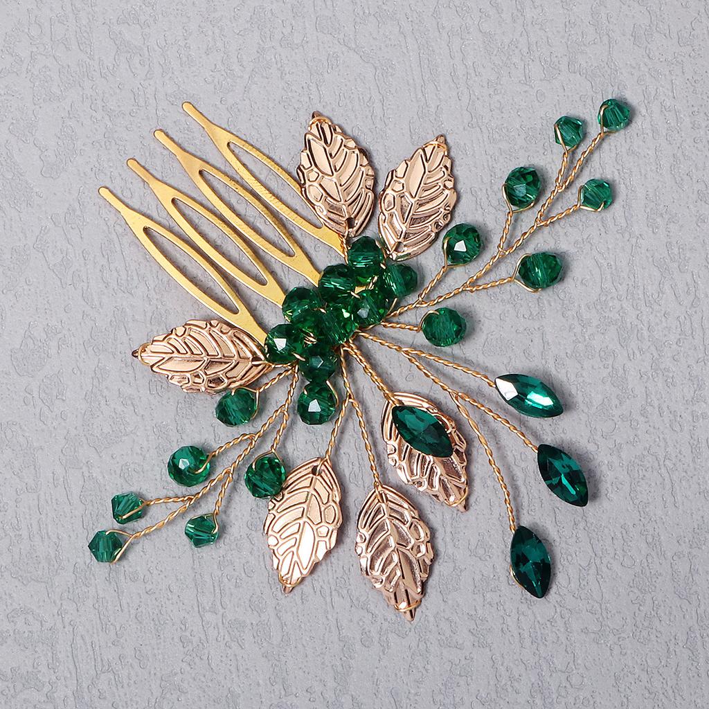 Retro Alloy Rhinestone Plug Comb Handmade Leaf Green Crystal Headdress Antique Hanfu Jewelry Bridal Hair Comb