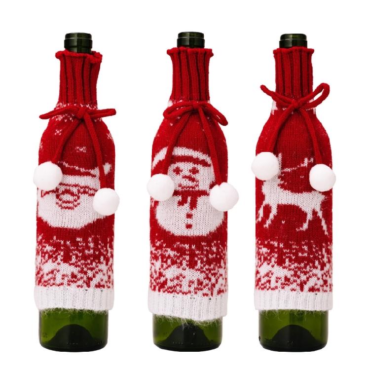 Set of 3 Festival Knitted Wine Bottle Sleeves With Gradual Color Featuring Santa, Snowmans, and Reindeers Wine Bottle Cover