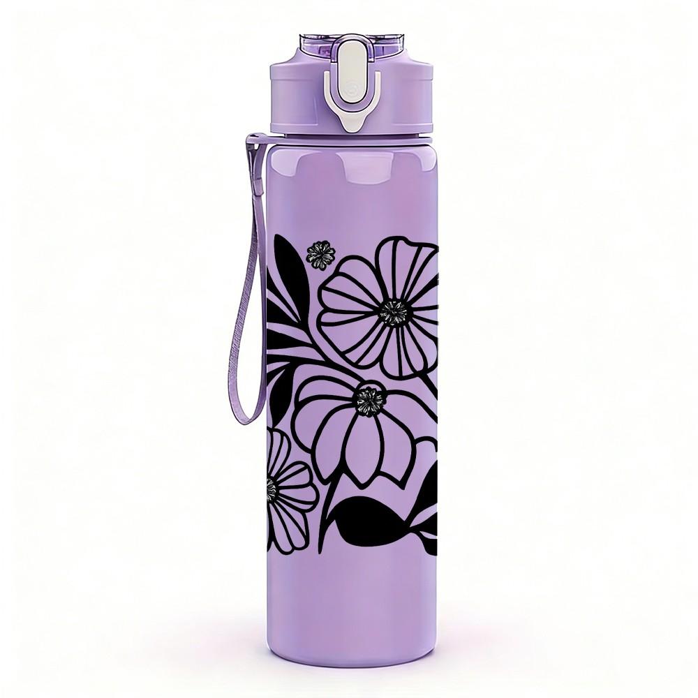 1PC Black White Abstract Floral Print 750ml Color Plastic Sports Water Bottle Leakproof Flip Straw Lid Suitable for Sports Office Home Use