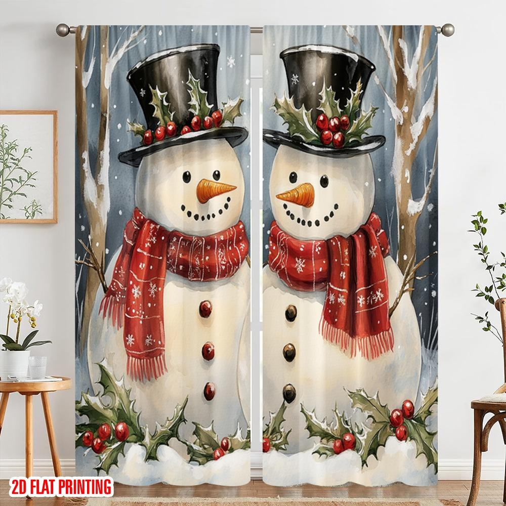 2pcs,2D Plane Printing Curtains Cute Snowman Couple Winter (2) 100% Polyester (without Rod) Outdoor Decorations for Bedroom,