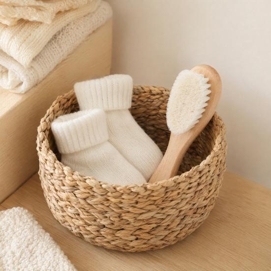 Soft Wool Bath Brush for Baby, Gentle Newborn Skin Cleanser with Natural Cherry Beech Wood Handle, Non-Irritating Infant Bath Scrubber