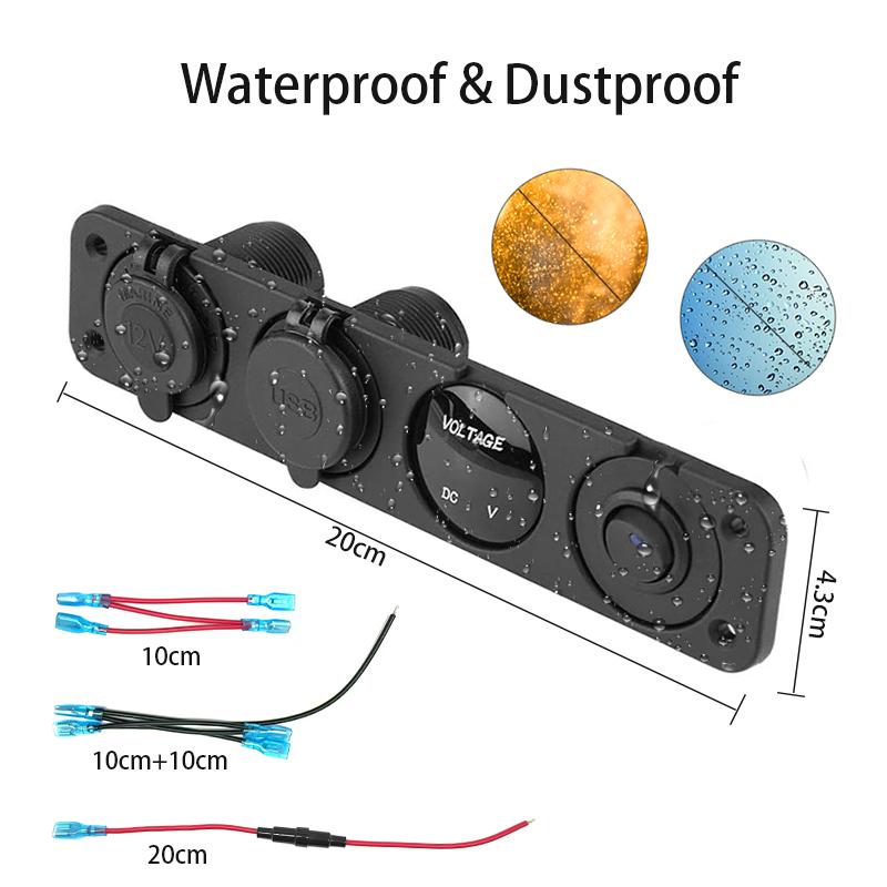 4 az 1-ben tengeri kapcsolópanel 12 V-os kettős USB töltőaljzat tápcsatlakozóval LED voltmérő aljzat BE/KI gomb kapcsoló