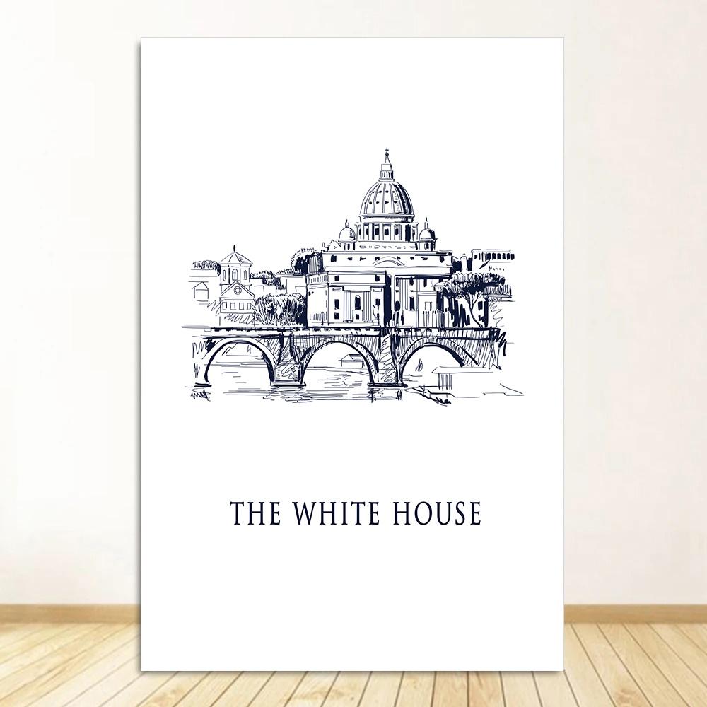 Black White Travel Poster Retro City Landscape Print Canvas Painting Nordic Wall Art Home Decor