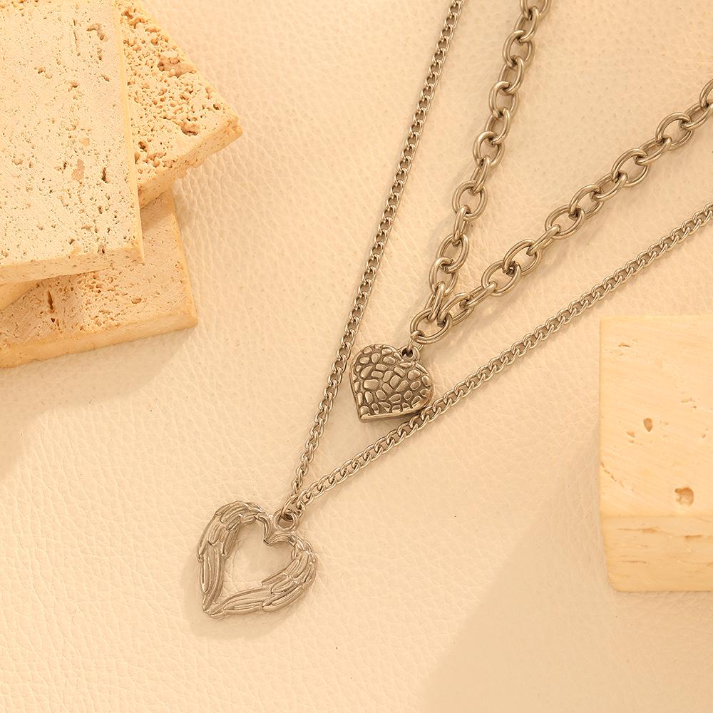 Cross-Border 18K Gold-Plated Stainless Steel Heart Pendant Necklace with Double Layer Clavicle Chain
