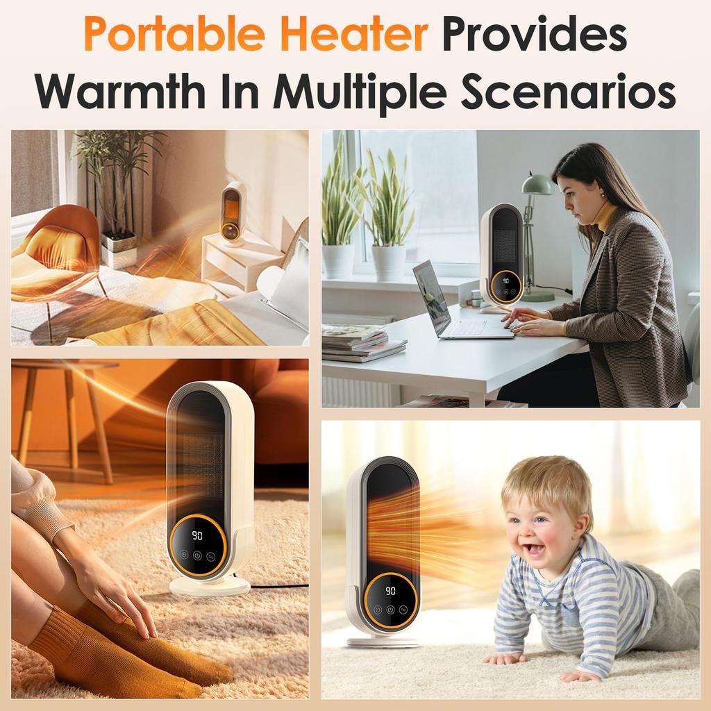 1200 W PTC Ceramic Fan Heater with 2 Temperature Settings & Timer, Anti-Overheating and Anti-Tilt Protection for Office, Bedroom