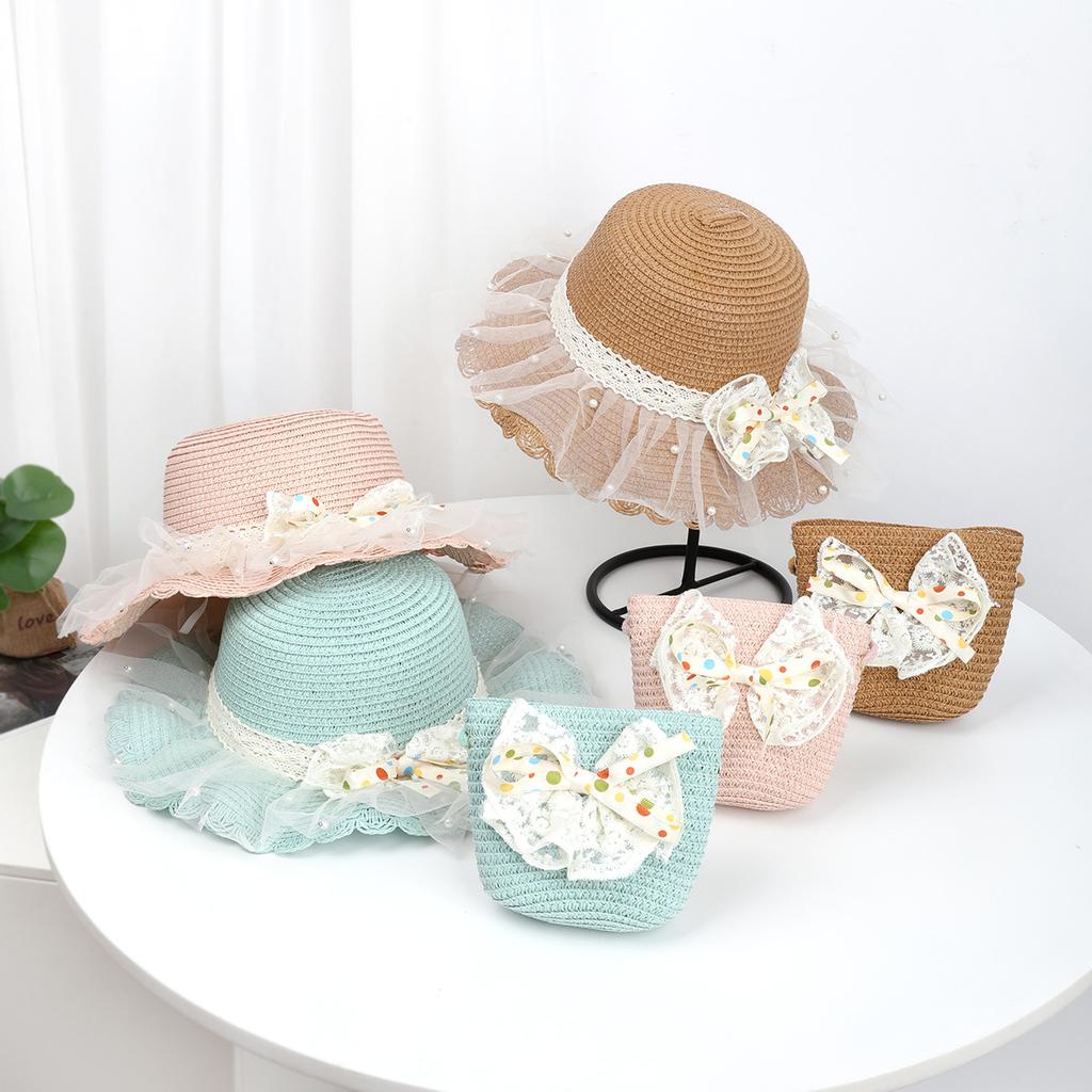 Children's sunscreen hat Summer girls' sunshade straw hat bag set Girl baby foreign style lace princess beach hat
