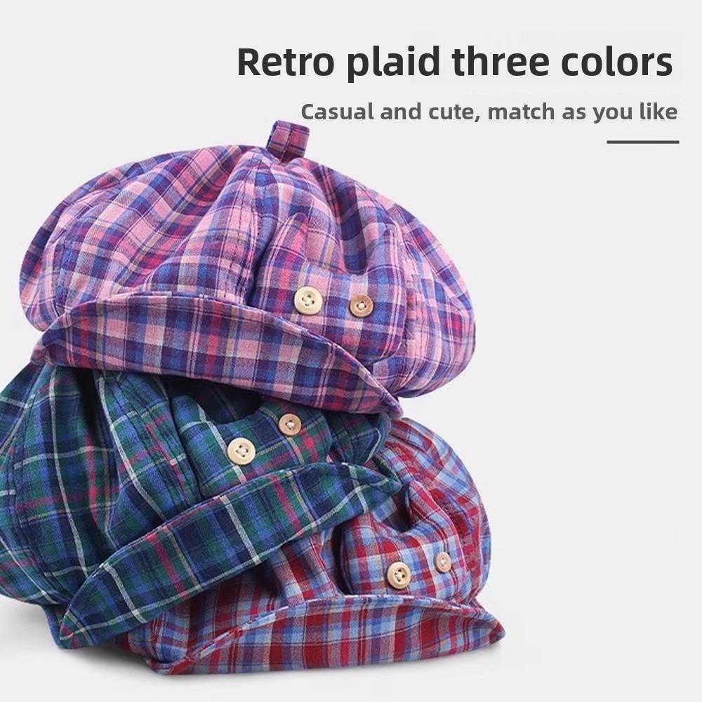 Korean Style Plaid Cloud Berets Sun Protection Octagonal Caps Japanese Button Hat Streetwear