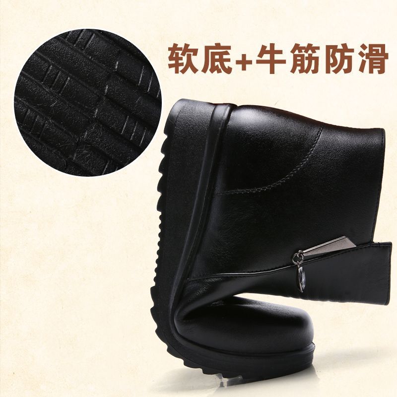 Mom Short Boots Warm and Fleece Flat-bottomed Non-slip Leather Shoes Women's Winter Middle-aged and Elderly Boots Fluffy Elderly Cotton Shoes Flat H