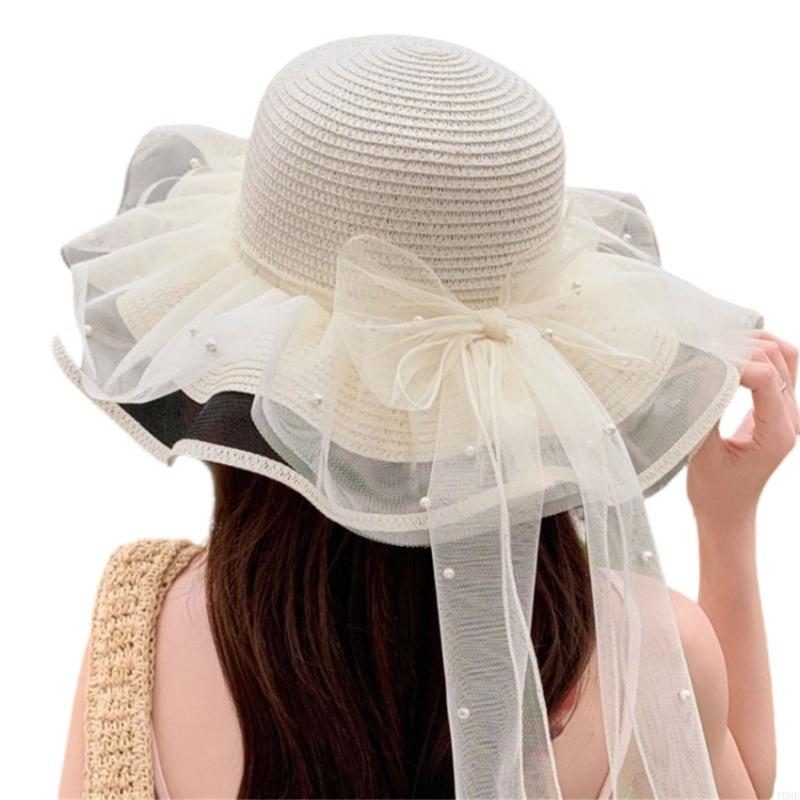 Eleganter Sonnenhut für Damen Papierstroh Atmungsaktiv und faltbar Spitze Schleife Breitere Krempen Panama Hut für Camping Reisen Y08E