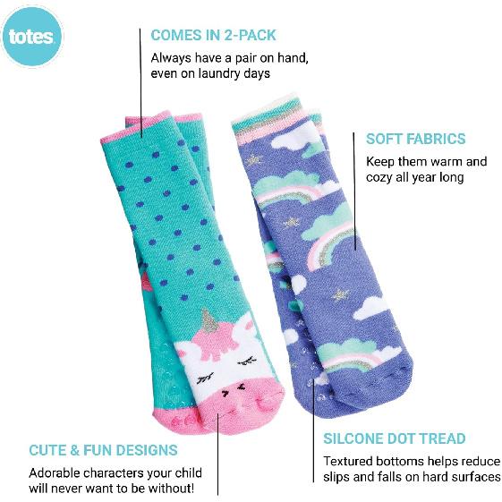 Totes Girls Boys Kids Cozy Warm Soft Toddler Child Slipper Sock with Non-Slip Grips and Fun Cute Dino/Unicorn Design, 2 Pack