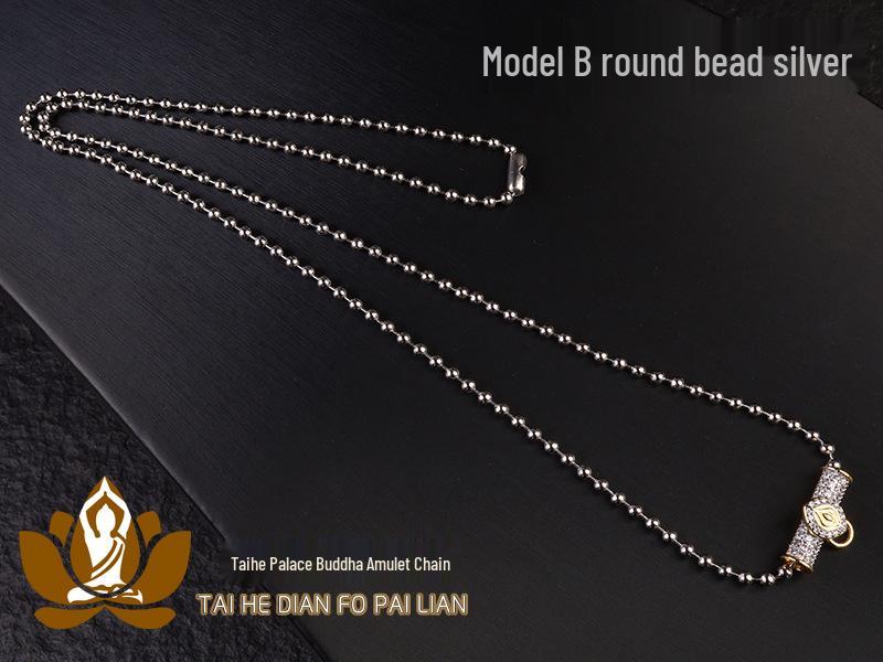 Thai Metal Buddha Amulet Necklace with Titanium Steel Beads, Curved Tubes, Micro-Paved Zircon, Nebula Eye, Butterfly, and Diamond-Set Chain.