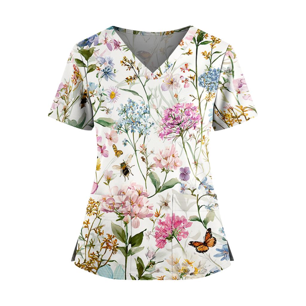 Women's floral print V-neck double pocket short-sleeved uniform/caregiver top with slits at the hem
