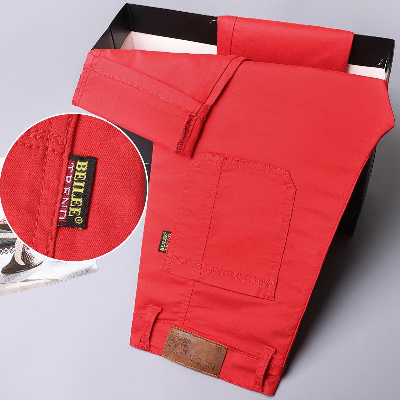 Little red horse Heren witte zes-pocket stretch jeans heren lente en zomer trend rechte Slanke multi-pocket gekleurde broek 29 rood