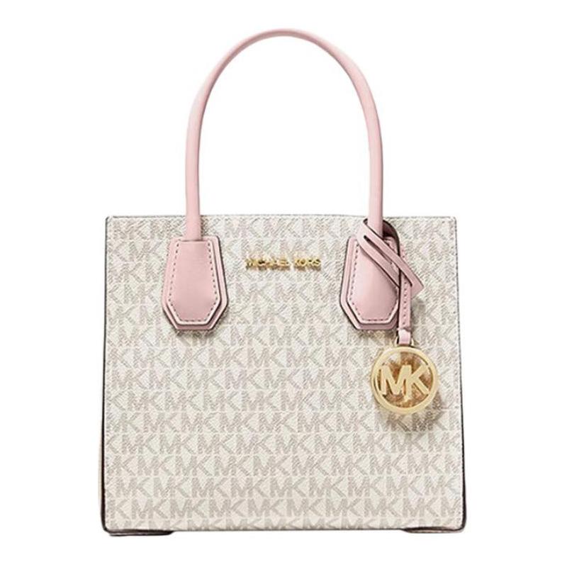 Michael Kors Mercer Presbyopic Letter Print PVC with Leather Accordion Bag Crossbody Shoulder Handbag Medium Size Women's Elephant Grass Color