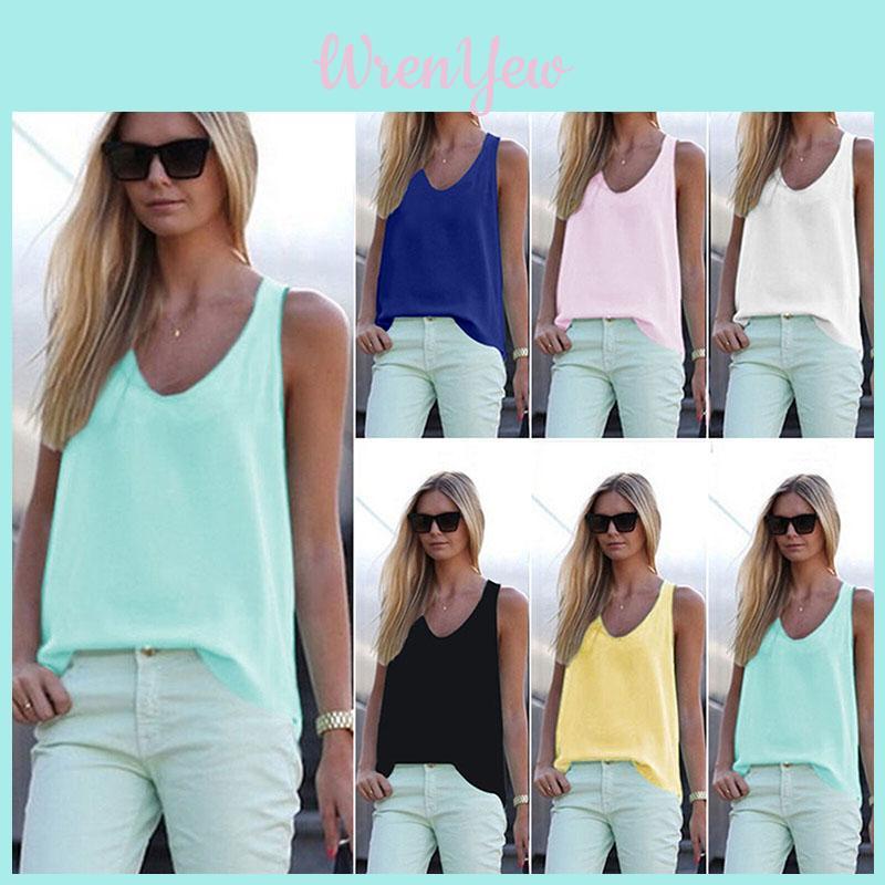 Elegant Womens V Neck Chiffon Sleeveless Blouse Loose Fit Casual Summer Tank Top