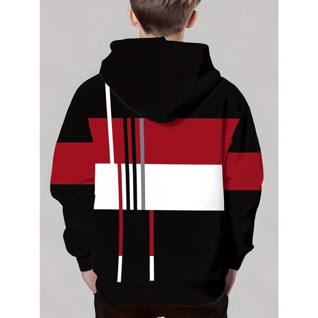 Trendy cool red black and white contrasting digital printed hooded sweatshirt for streetwear men