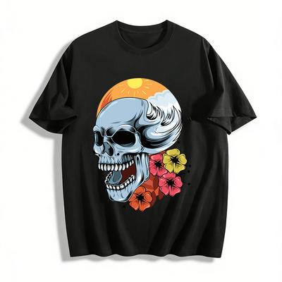 Vintage Sunset Skull Floral Print Casual Graphic Tee Pure Cotton T-shirt