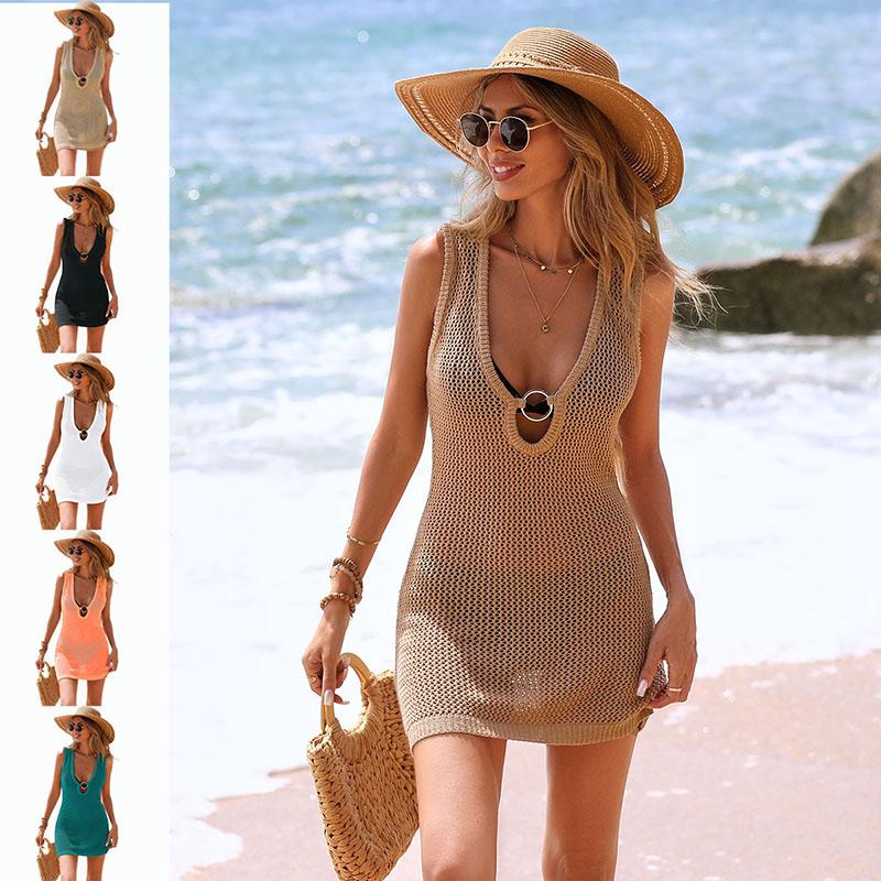 Women's Summer Sleevless Deep V Neck Hollow Swimsuit Cover Up Beach Vacation Dress