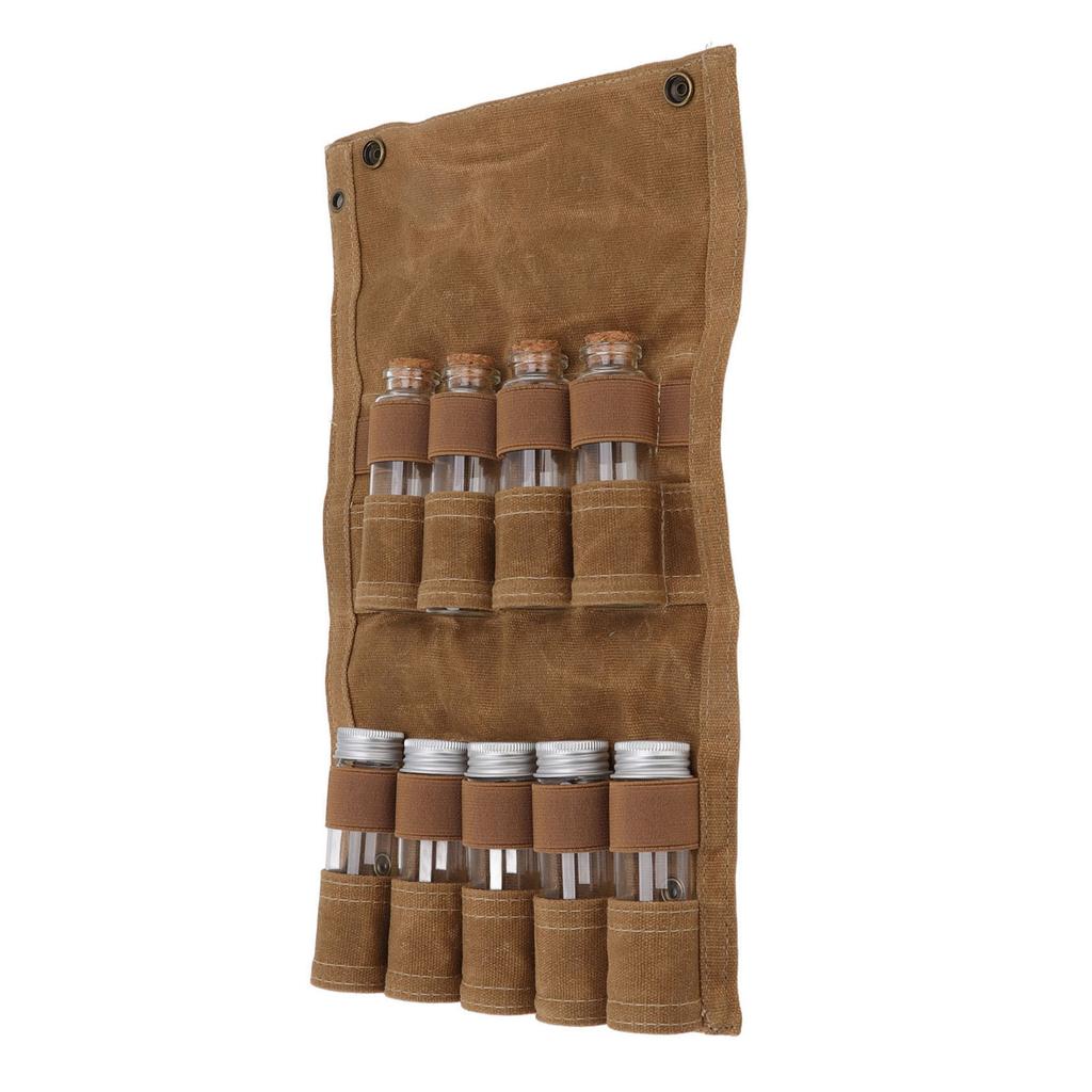 Spice Bottle Bag Wet Wax Canvas Portable Seasoning Storage Bag with 9 Glass Seasoning Bottle for Outdoor Camping Khaki