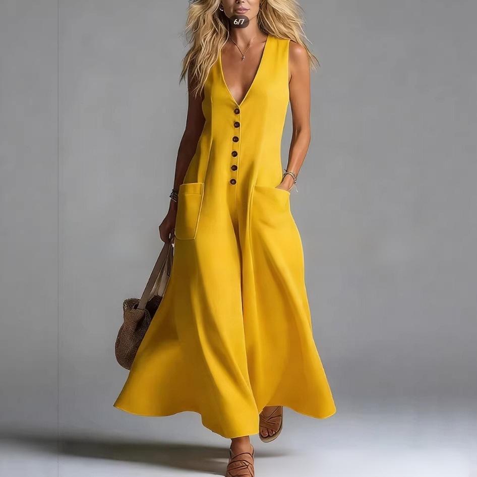 2026 Summer Women's V-Neck Solid Color Casual Dress with Pockets