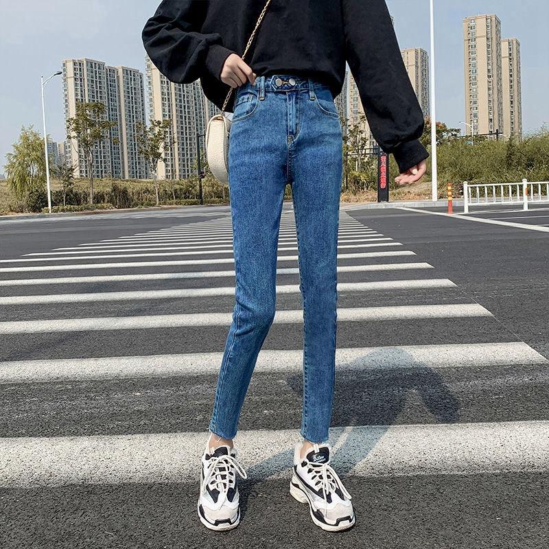 

Весенне-осенние новые женские джинсы, узкие эластичные узкие брюки-карандаш с двойной пряжкой, модные модные брюки 26 синий