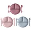 3PCS Baby Silicone Feeding Dishes Plate Children Plate Sucker Feeding Bowl Wood Fork Spoon Set Toddler Training Tableware