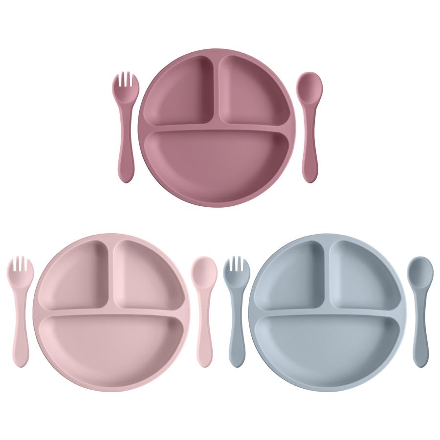 3PCS Baby Silicone Feeding Dishes Plate Children Plate Sucker Feeding Bowl Wood Fork Spoon Set Toddler Training Tableware