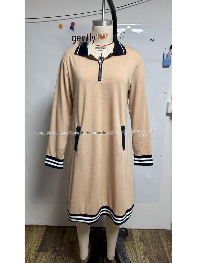 2026 Women's Casual Color Block Lapel Zipper Dress with Pockets