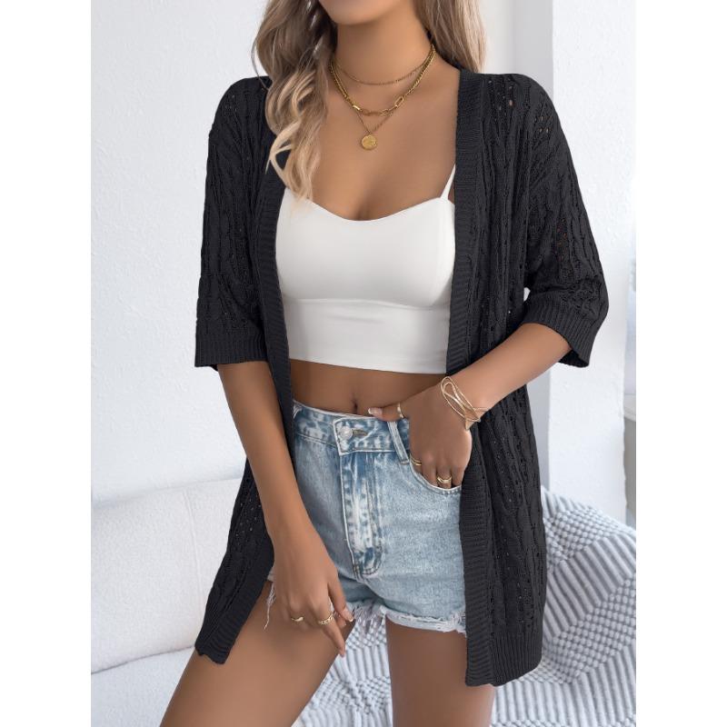 Women Casual European Style Solid Hollow Out Mid Length Elbow Sleeve Knit Cardigan