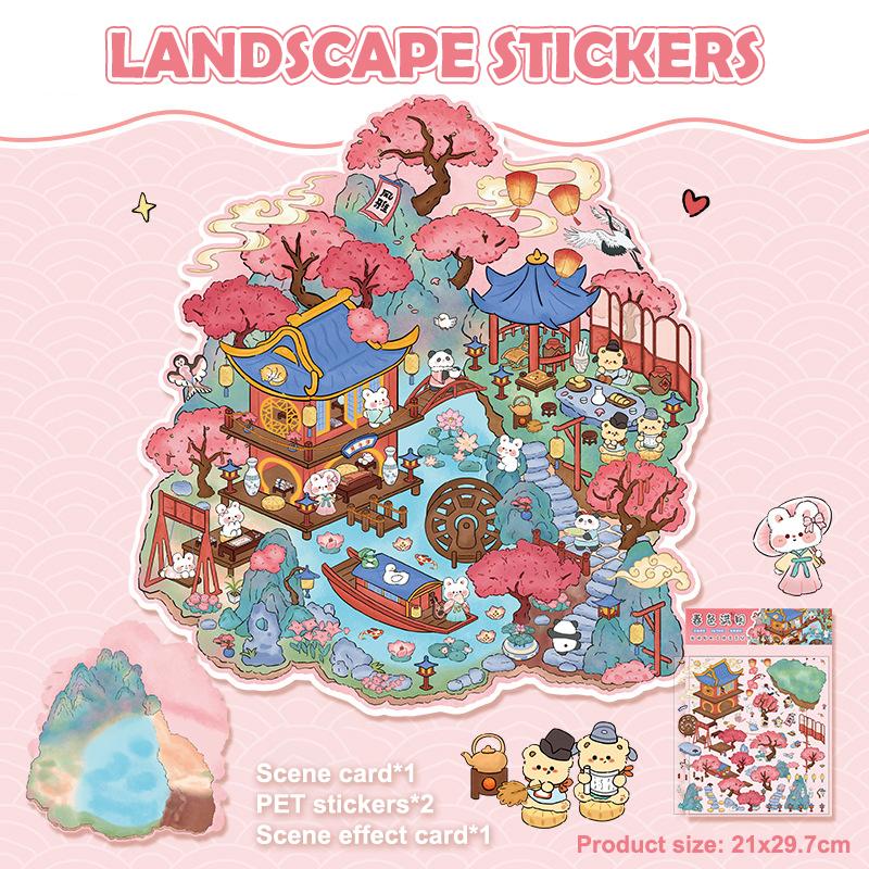 1Set Cartoon Cute Landscape Stickers Cabin Scene Diy Game Stickers Hand Account Decoration Stickers Creative Diy Stickers
