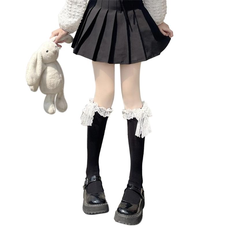 Women School Girls Student Cotton Calf Socks Japanese Style Cute Ruffled Lace Bowknot Uniform Casual Knee High Stockings 1 чёрный