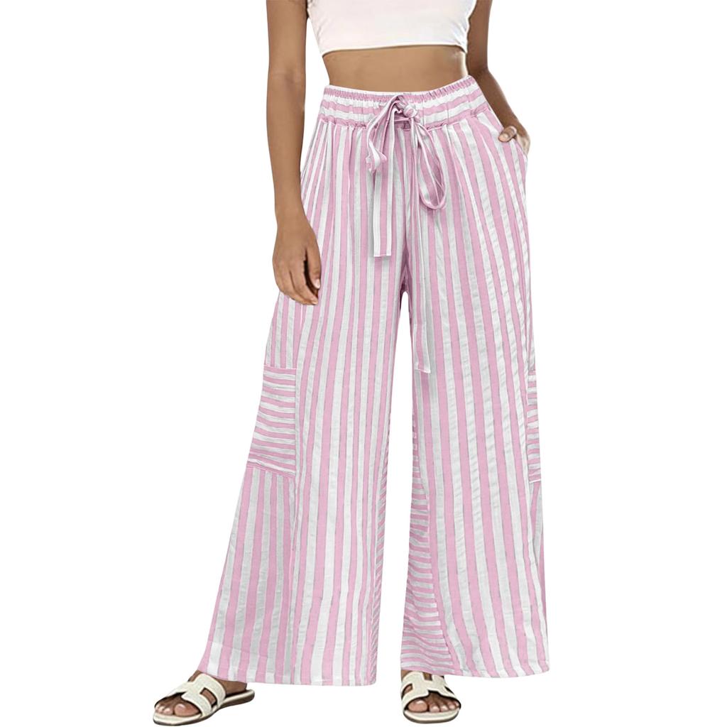 Women's Striped Loose Casual Comfortable High Waist Wide Leg Straight Drawstring Pocket Casual Pants
